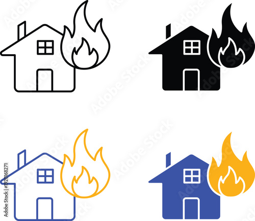 House Fire Emergency Home Insurance Claim Burning Building Property Damage Disaster Prevention Vector Silhouette Pictogram and Line Icon Set.eps