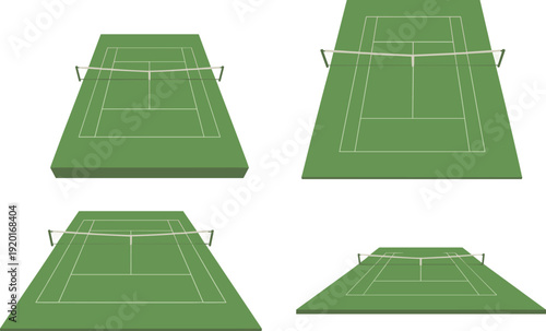 Tennis Court Perspective Set Green Field with Net Sports Arena Vector Illustration Collection Isolated on White Background for Game Design