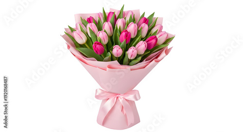 Beautiful bouquet of pink tulips wrapped in pink paper isolated on transparent background