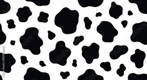 Black and white cowhide pattern vector illustration, irregular organic spots design, farm inspired texture for fashion, rural decorative background