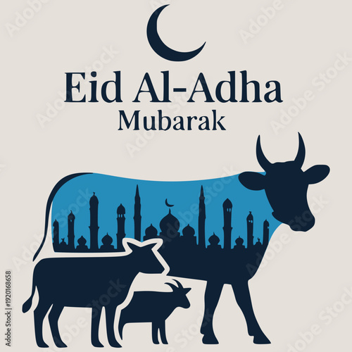 Eid Al-Adha Mubarak Celebration Banner with Islamic Moon and Goat Shadow