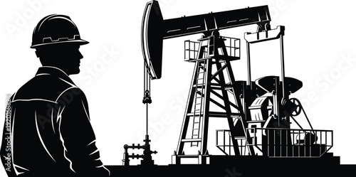 Black silhouette of oil worker in hard hat looking at pump jack drilling rig isolated on white background for petroleum industry, energy, fuel