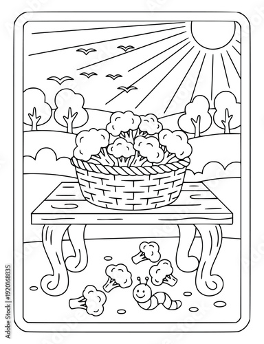 Broccoli coloring page for kids with a cute vegetable on a picnic blanket