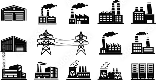 Black silhouette set of industrial factory buildings, power plants, warehouses, electricity transmission towers and energy infrastructure icons isolated on white background for design