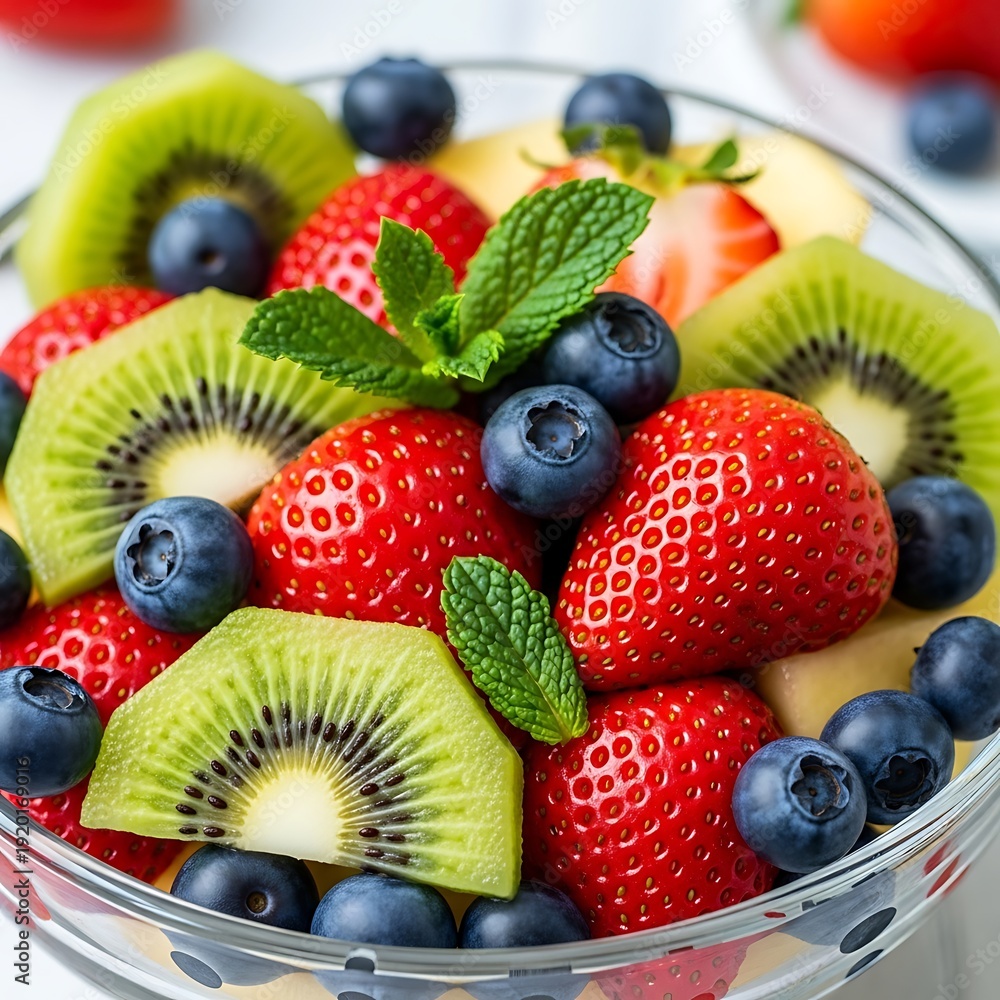 Obraz premium Vibrant fresh fruit salad brimming with strawberries, blueberries, and kiwi slices presents a healthy indulgence