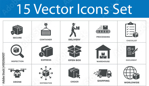 Shipping and Logistics vector icon set. Featuring container, warehouse, distribution, worldwide shipping, and drone delivery symbols. Solid style. Vector illustration.