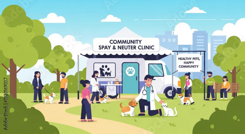 Community spay and neuter clinic for pets in a park with people and dogs