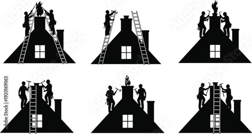 Black silhouettes of roofing contractors working on house roofs with ladders and tools for residential repair, home maintenance, construction and chimney service concepts