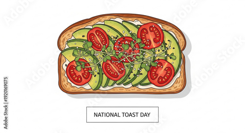 Delicious avocado toast with fresh tomatoes and herbs on national toast day