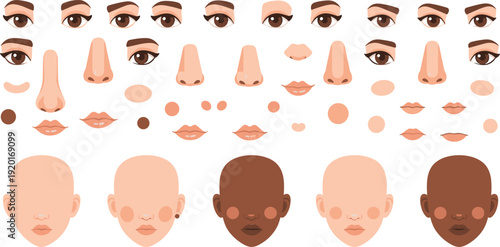 Female Avatar Face Creator Elements with Eyes, Noses, Lips, Skin Tones, and Hairstyles for Character Customization, Beauty Design, and Diverse Portrait Generator.