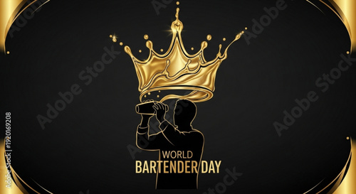Bartender wearing crown celebrates world bartender day with golden royal symbol on black background