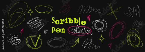 Messy Pen Scratch neon scribble collection with hand drawn doodle lines on black background
