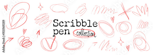 Messy Pen Scratch red scribble collection with hand drawn doodle elements on white background