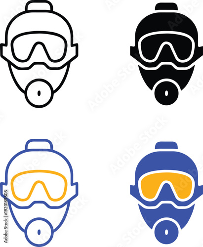 Professional Scuba Diving Full Face Mask And Snorkel Gear For Underwater Exploration Vector Silhouette Pictogram And Line Icon Set.eps