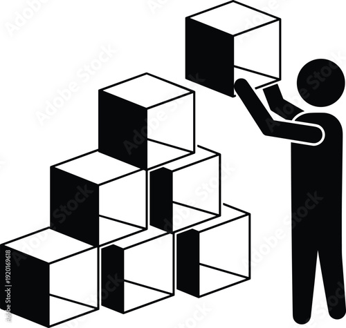Black silhouette of a person stacking cardboard boxes or modular cubes isolated on white background for warehouse logistics, organization and storage concepts
