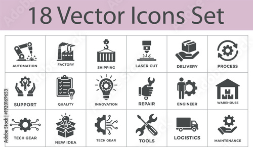 Industrial and Engineering vector icon set. Featuring factory, automation, engineer, maintenance, and laser cut symbols. Solid style. Vector illustration.
