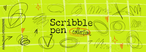 Messy Pen Scratch scribble collection with hand drawn doodle elements on bright green grid background