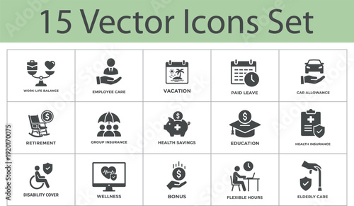 Employee Benefits and Workplace Wellness vector icon set. Featuring work-life balance, health insurance, retirement, bonus, and flexible hours symbols. Solid style. Vector illustration.