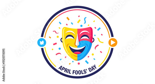 A colorful illustration celebrating April Fools' Day with a laughing comedy and tragedy mask surrounded by confetti and party decorations on a festive background.