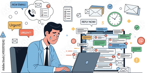 Overworked Man with Email Notifications Illustration