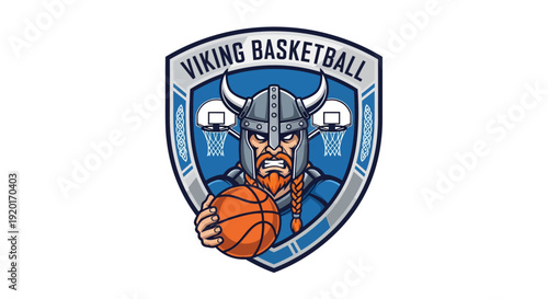 Viking Basketball team logo featuring a fierce warrior in a horned helmet holding a basketball, set against a shield with hoops.