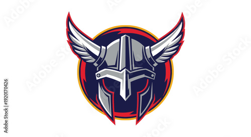 A stylized illustration of a Viking helmet with wings and a red and blue circular background.