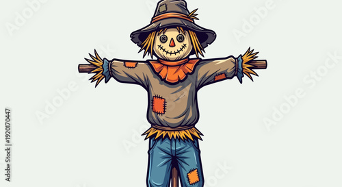 A cartoon illustration of a friendly scarecrow with a stitched smile and button eyes, wearing a hat and patched clothes.