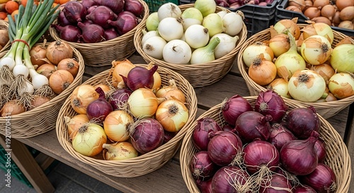 Multiple varieties of fresh bulb vegetables arranged in woven containers for sale