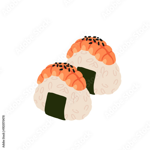 Delicious onigiri with shrimp. Flat hand drawn cartoon illustration of onigiri. Asian cuisine