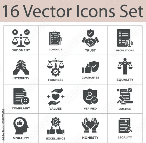 Business Ethics and Legal Compliance vector icon set. Featuring integrity, fairness, justice, honesty, and regulations symbols. Solid style. Vector illustration.