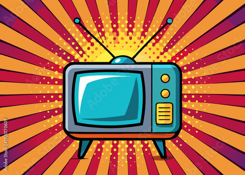 Retro style television set on colorful background with sunburst pattern