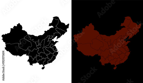 Contrast comparison of a map highlighting the geographical outline of china in black and red. Vector
