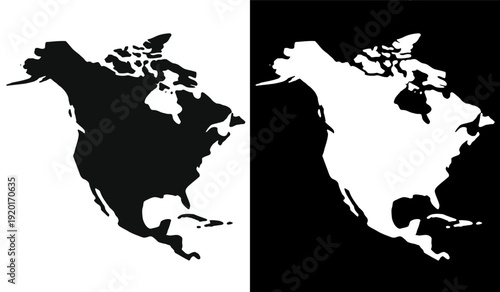 Contrasting black and white silhouettes of north america with varying border details Vector