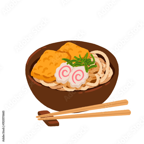 Ramen Bowl with Udon Noodles, Grilled Tofu and Naruto. Flat Cartoon hand drawn Vector Illustration with Chopsticks. Asian Japanese Cuisine Icon