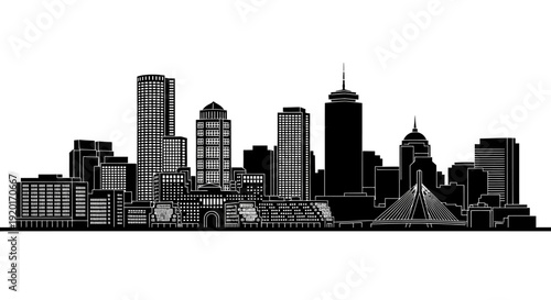 A black and white silhouette of the Boston skyline, featuring iconic buildings and bridges.