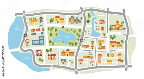 A colorful and detailed cartoon map of a charming town, showcasing various buildings, a park with a lake, and roads.