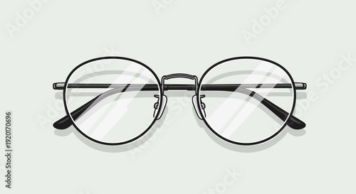 A pair of round, black-rimmed eyeglasses with clear lenses, presented from a top-down perspective.