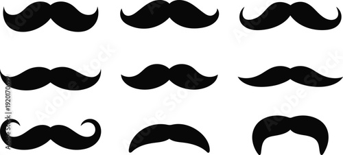 A Collection of Nine Diverse Black Mustache Silhouettes Displayed in a Grid Against a White Background