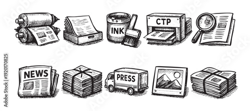 Hand-drawn illustration showing offset printing process steps including ink, paper, press, ctp. Could be used in designs related to newspapers, publishing or print shops.