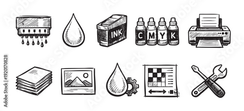 Hand-drawn style illustration featuring printer parts, ink cartridges, cmyk bottles, paper, image, settings, tools. Perfect for printing, repair and office supply themes.