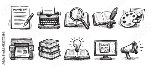 Hand-drawn sketch illustration featuring symbols for writing, art, and ideas. Great for blogs, educational materials, and creative project visuals. Monochromatic, high contrast.