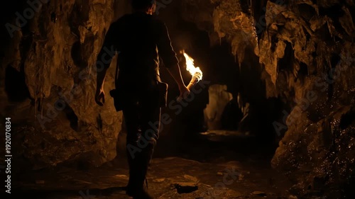 Person Holding Torch in Dark Cave with Rock Formations and Dim Orange Light
