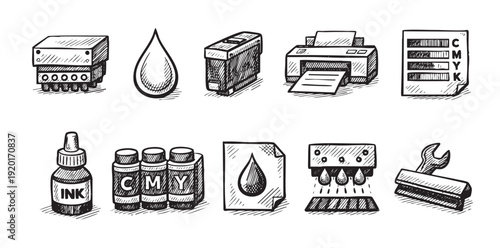 A set of hand-drawn icons representing printer ink, CMYK color model and the printing process. Perfect for design, illustrating a manual, or infographic.