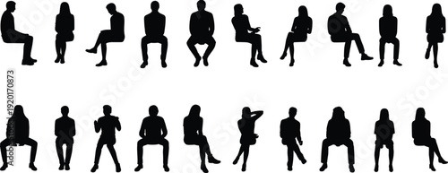 Black silhouette vector illustrations of people sitting in various poses, perfect for design references, body language studies, signage, and commercial creative projects