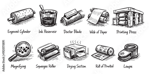 Vector drawing of printing press components. Includes engraved cylinder, ink reservoir, web of paper, and loupe. Ideal for education, industry, and design concepts.