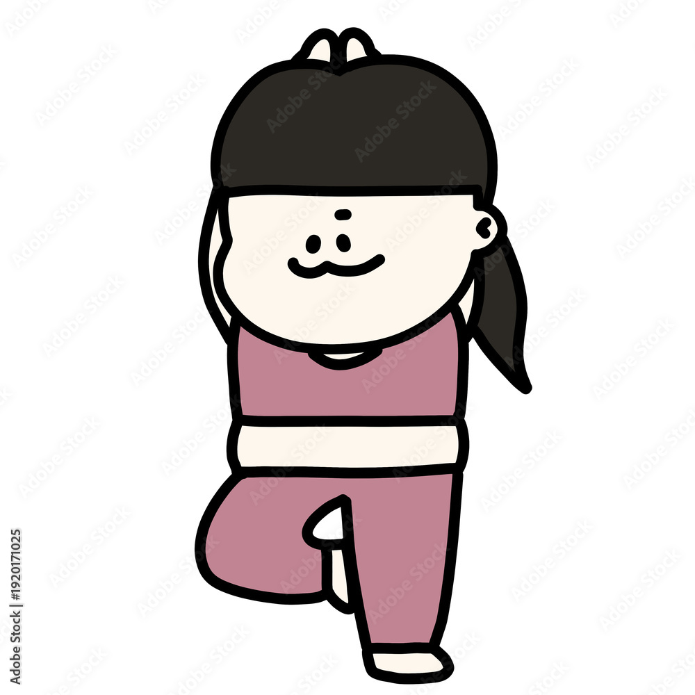 Fototapeta premium ピンクのトレーニングウェア姿でヨガの木のポーズをする、やる気満々なぽっちゃり女性のイラスト（背景透過）