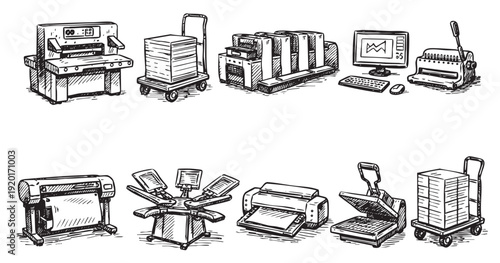 Detailed hand-drawn vector illustration showing different printing equipment. Use it for your print shop, graphic design, or publishing related projects. Black and white, clean and isolated.