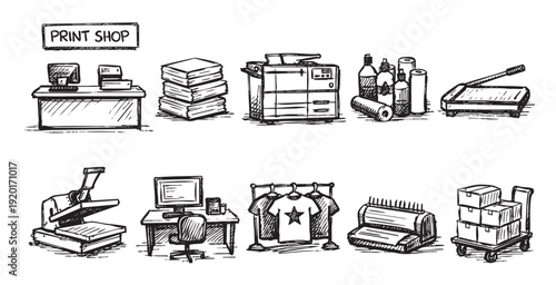 Hand drawn illustration of print shop equipment and supplies. Includes a desk, t-shirt press, screen printer, and office tools. Perfect for illustrating small business concepts.
