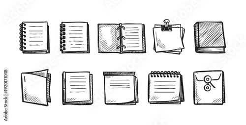 Hand-drawn vector illustration featuring various stationery items: notebooks, notepads, a book, and an envelope. Perfect for illustrating creative processes, office supplies, and organization themes.