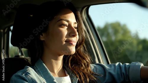 Happy Young Woman Driving Car Under Sunlight Wearing Denim Jacket With Green Trees Background and Blue Sky During Sunny Day